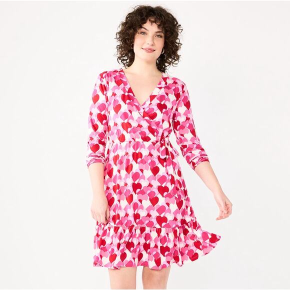 DRAPER JAMES Valentine's Day Hearts Long Sleeve Knit Tiered Hem Wrap Dress-Small - Picture 1 of 15
